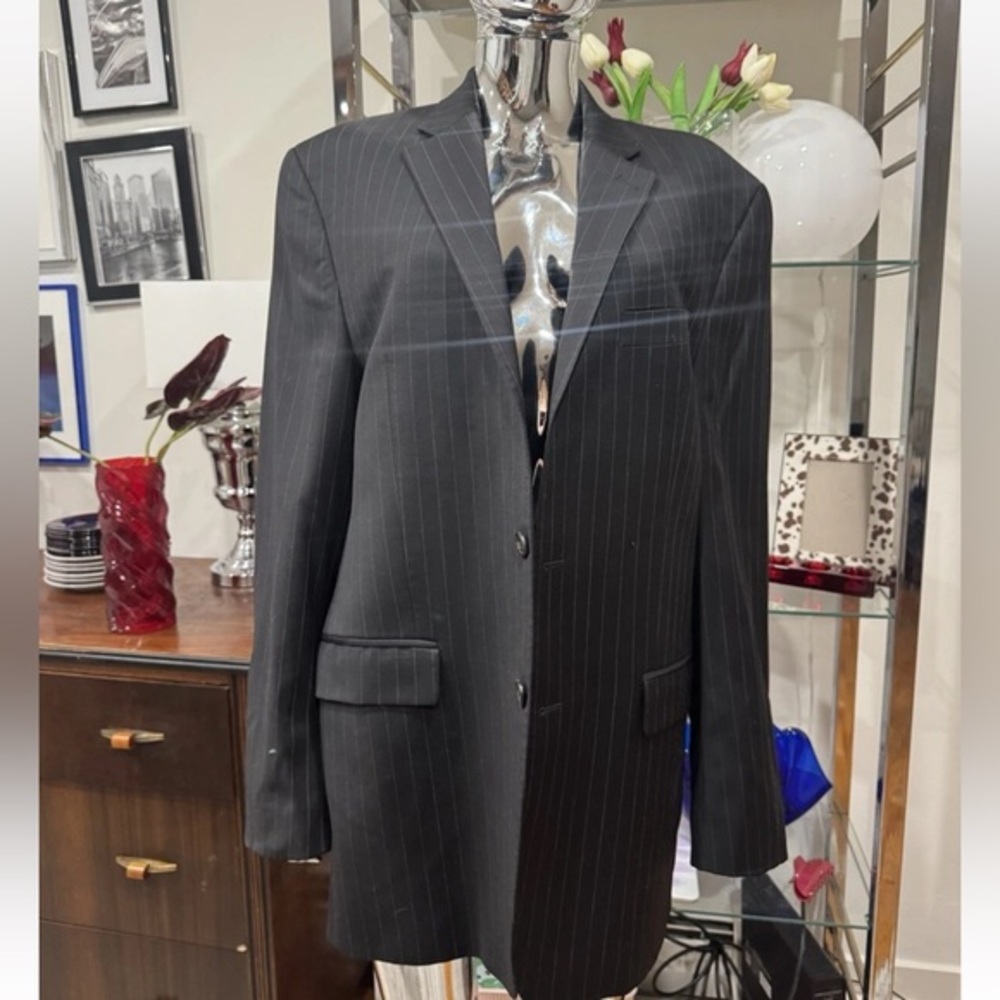 Lauren Ralph Lauren 44 Black Pinstripe 100% Wool Blazer Made Canada USA Ship